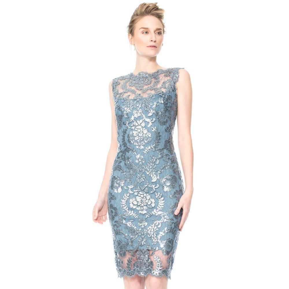 Tadashi Shoji Paillette Embroidered Lace Sheath Slate Blue Size 8